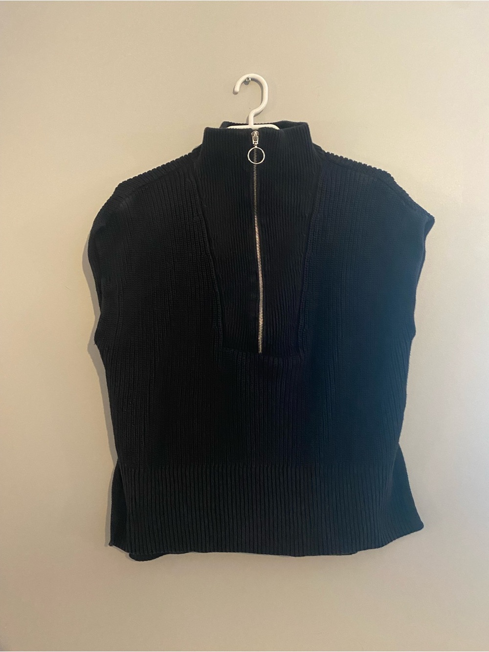 Sleeveless Oversized Black Knit Zip Mock Neck Sweater